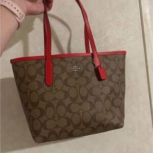 Coach Signature Tote with Red Accents